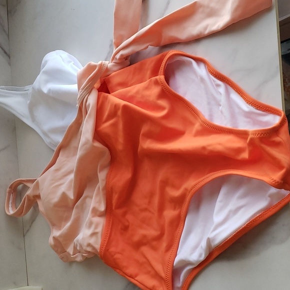 Felnart V Neck Orange Color Block Wrap Swimsuit with a Bowknot Size M - Picture 8 of 11